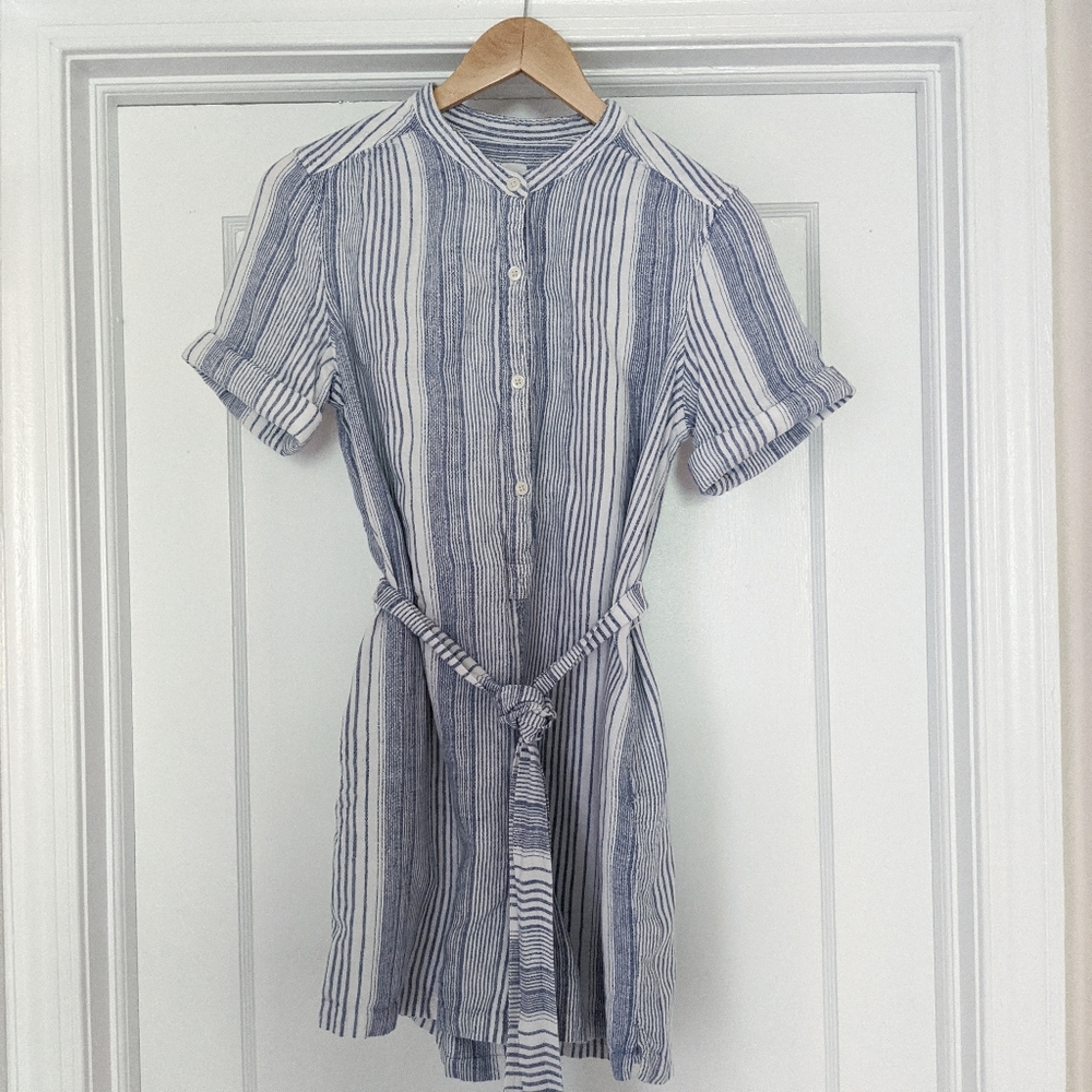 Gap linen tie-waist blue and white striped romper